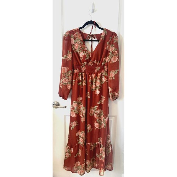 Hint Of Blush Boho Foral Dress S Burnt orange ruffle hem Long Sleeve Chiffon tie - Picture 1 of 4